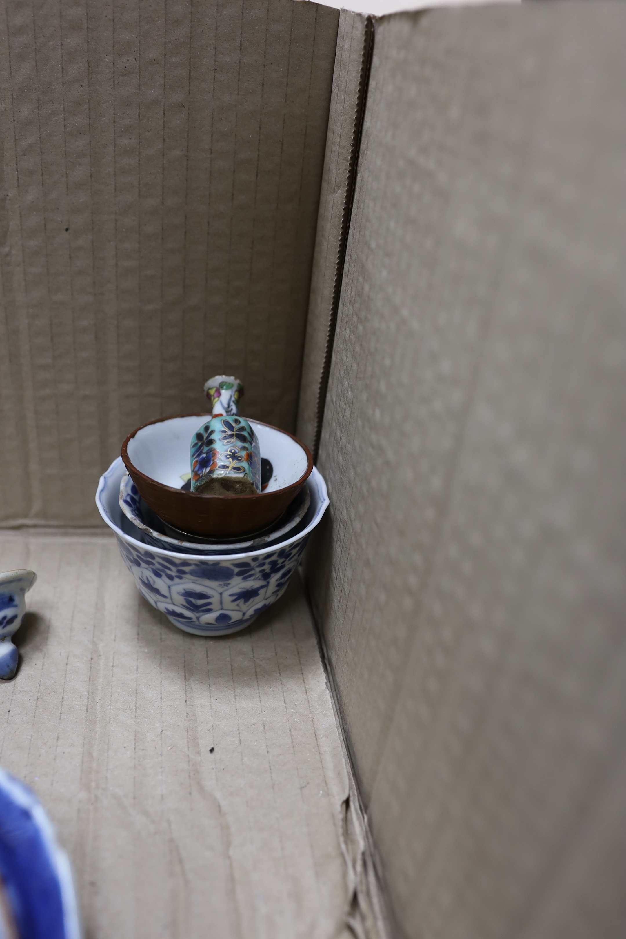 A group of Chinese blue and white vases, box and tea wares, Kangxi to 19th century and other ceramics